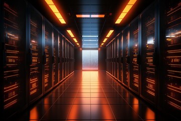 interior of data center server room at night illuminated by orange lights with rows of black cabinets protecting servers with display of data numbers - obrazy, fototapety, plakaty