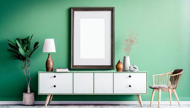 Mockup frame broder with wooden cupboard and green wall, 3d Renderer