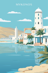 Fototapeta premium Mykonos retro city poster with abstract shapes of skyline, buildings. Vintage Greece island, Cyclades, Chora town travel vector illustration