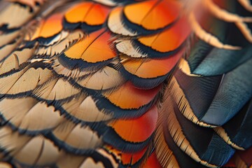 Closeup abstract background image of colorful ring-necked pheasant feathers.
