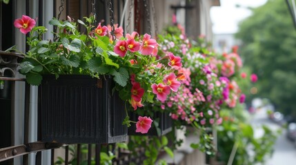 Fototapeta na wymiar Colorful flowers growing in boxes hanging on balcony fence