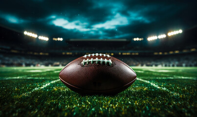 American football on a lush green field under stadium lights, capturing the anticipation and excitement of a night game in professional sports