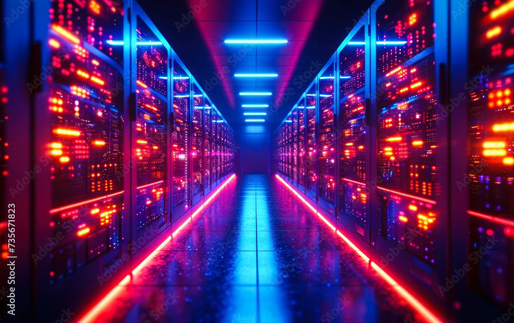 Poster high-tech data center server racks with glowing led lights, symbolizing network infrastructure, clou