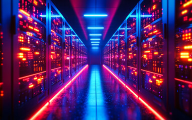 Fototapeta na wymiar High-Tech Data Center Server Racks with Glowing LED Lights, Symbolizing Network Infrastructure, Cloud Computing and Information Technology