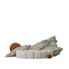 rocks and wood sphere 3d render image, transparent background of ceramic textured podium in square
