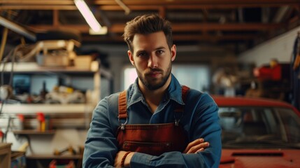 Attractive male mechanic working in car service department - obrazy, fototapety, plakaty