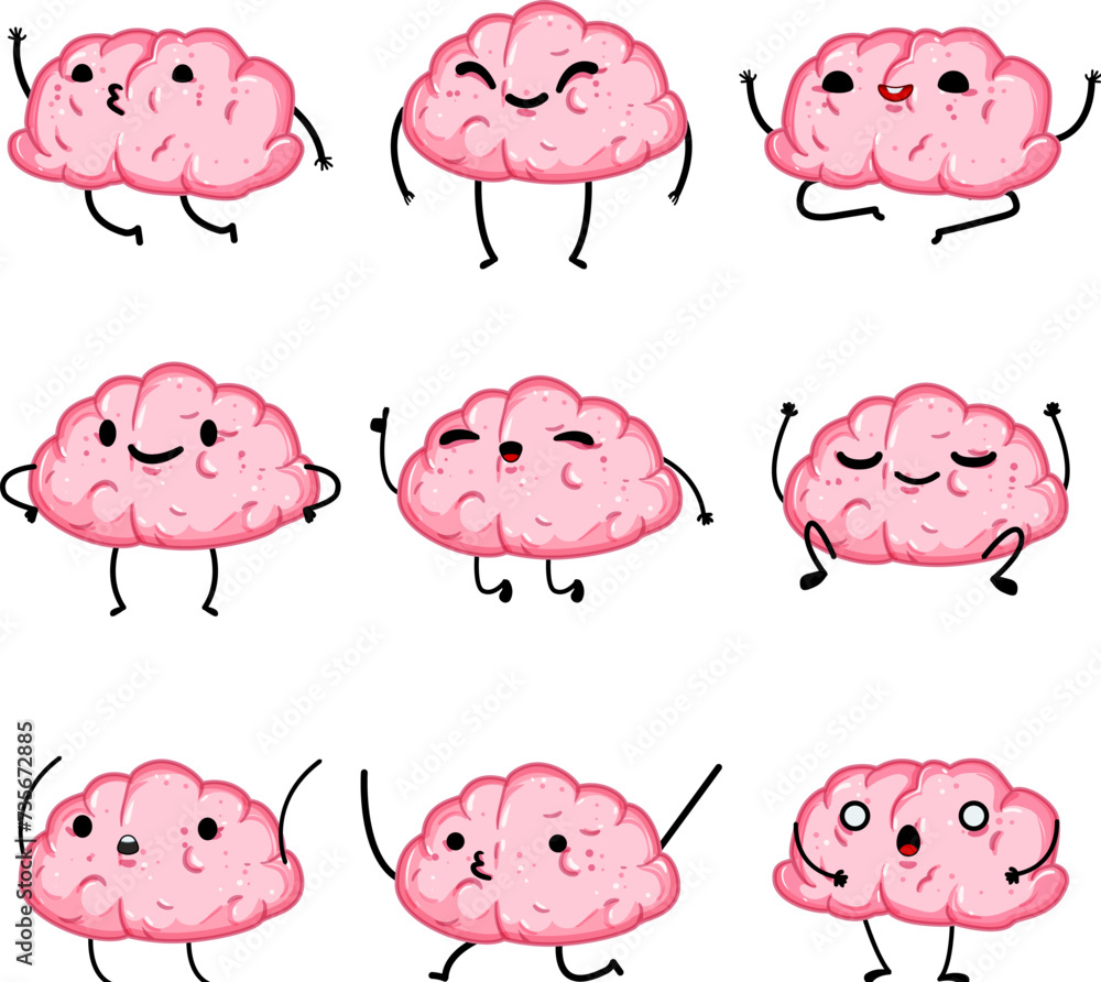 Sticker brain character set cartoon vector illustration