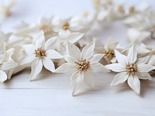 Beautiful white flowers on white wooden background, closeup. Space for text. AI Generated