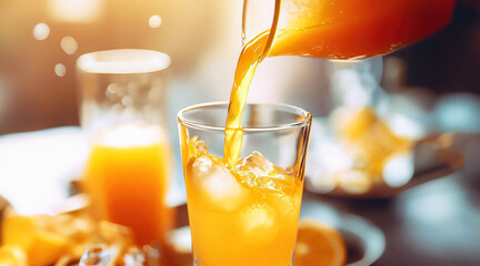 Pouring fresh orange juice from pitcher into a glass with ice cube, summer freshness concept, refreshing cold citrus drink, for advertising