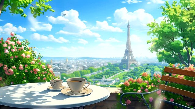 Enjoying coffee at restaurant while taking in the view of the Eiffel tower from the rooftop. seamless looping 4k time-lapse animation video background