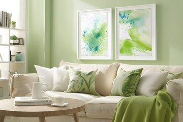 Our living space is adorned with soft, comfortable seating, complemented by the tranquil green hues of nature-inspired artwork and decor. Created with generative AI