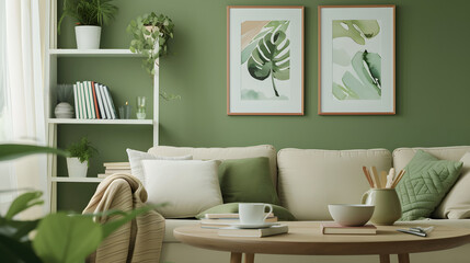 Our living space is adorned with soft, comfortable seating, complemented by the tranquil green hues of nature-inspired artwork and decor. Created with generative AI