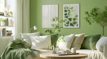 Our living space is adorned with soft, comfortable seating, complemented by the tranquil green hues of nature-inspired artwork and decor. Created with generative AI