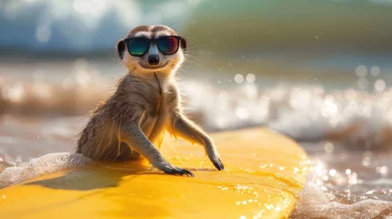 Gordijnen A cute Meerkat surfer enjoys a fun-filled summer day at the beach, riding waves with enthusiasm, Ai Generated. © Crazy Juke