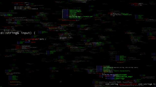 Abstract futuristic technology background with C++ source code snippets, data and cyber security, 3D animation, concept, ideas, 4k