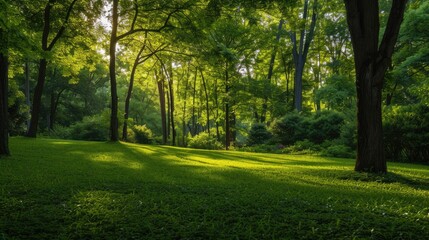 A green forest park offers enchanting scenery, nature's haven with tranquil beauty, Ai Generated.