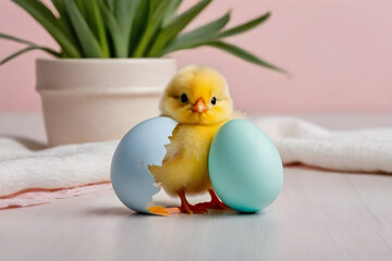 Easter, a cute chick and an egg, simple background. Generative AI