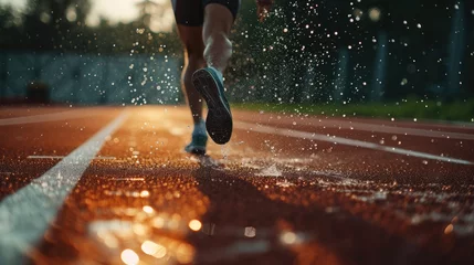 Fotobehang person running on a track, water drops in motion. Energetic vitality, Ai Generated. © Crazy Juke