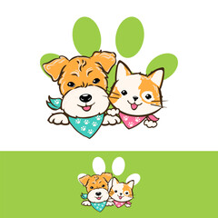 Cartoon dog and cat and paw sign, pet logo with puppy terrier and kitten smiling, vector illustration