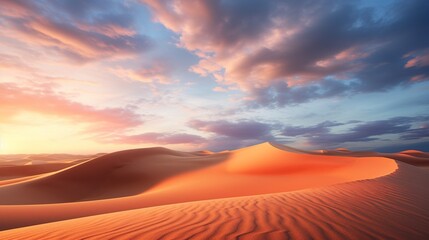 The vast expanse of the desert at sunset, the sand dunes casting long shadows, and the sky ablaze with colors - obrazy, fototapety, plakaty