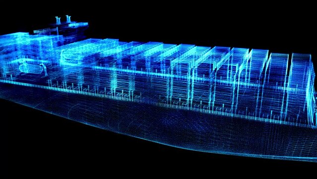 Aerial top view container ship full load container for logistics import export, shipping or transportation concept background. Blue particles and lines form wire-frame 3d model container ship.