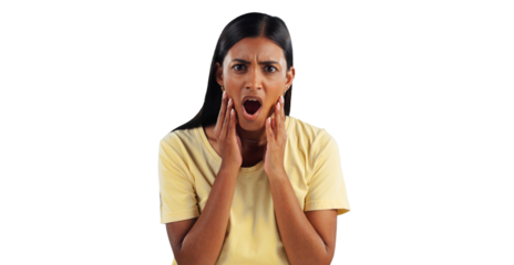 Gossip, woman and confused in portrait, surprise and secret or isolated on transparent png background. Indian female person, emoji and shock for omg announcement, information and drama or overwhelmed