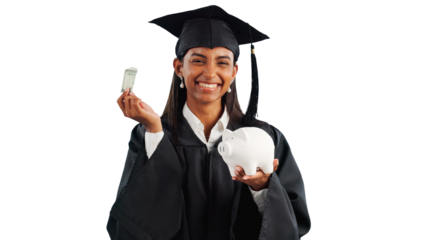 Student, graduation and portrait or piggy bank for education savings for future learning, certificate or scholarship. Indian person, cash and isolated transparent png background, university or degree