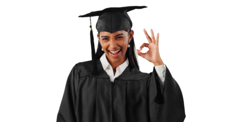 Graduation, portrait or happy woman with perfect hand sign for education or learning success. Graduate, transparent or student isolated on png with smile or okay gesture for approval, like or yes
