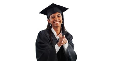 Portrait, education and graduation with student indian girl isolated on transparent background for celebration. College, school or university achievement with happy young graduate on PNG for ceremony