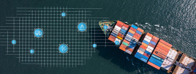 Aerial view container cargo ship maritime carrying container, Global business import export...
