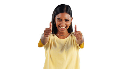 Portrait, happy woman and thumbs up agreement, success or hand support sign on isolated,...