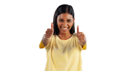 Portrait, happy woman and thumbs up agreement, success or hand support sign on isolated, transparent or png background. Success, emoji and excited person with feedback, thank you or vote motivation