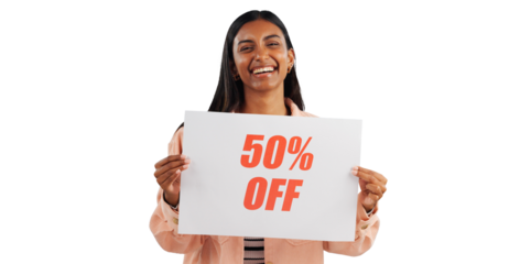 Happy, portrait and woman with discount sign for promotion, retail and advertising with card on png transparent background. Indian salesperson, laughing with banner or poster for store sale and joy
