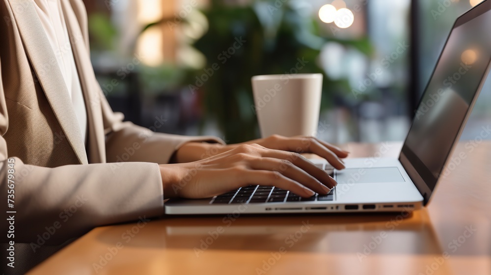 Poster close up hands of businesswoman typing on laptop keyboard to working and searching business data. co