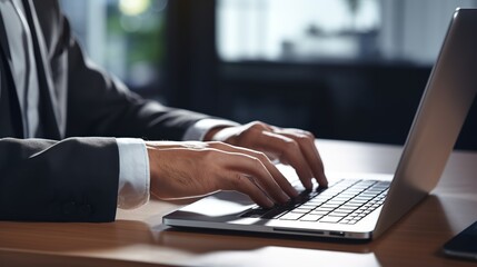 Close up of a business man working on a laptop, typing with his hands for work in office environment home office. copy space for text.
