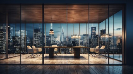 Creative glass office hall interior with wooden and concrete walls, window with night city view. copy space for text. - obrazy, fototapety, plakaty