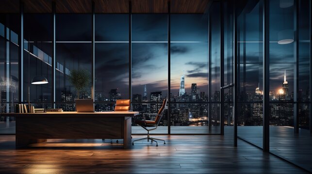 Creative glass office hall interior with wooden and concrete walls, window with night city view. copy space for text.