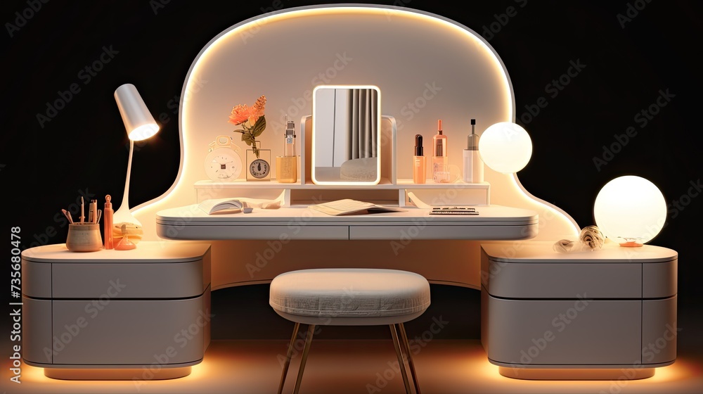 Poster smart mirror dressing tables with customizable lighting presets, solid color background