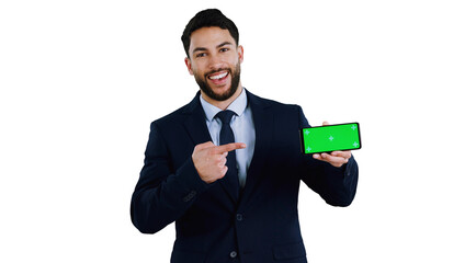 Businessman, hand and phone with green screen in portrait, pointing to social media on transparent or png background. Smartphone, registration and job from web, application or isolated feedback