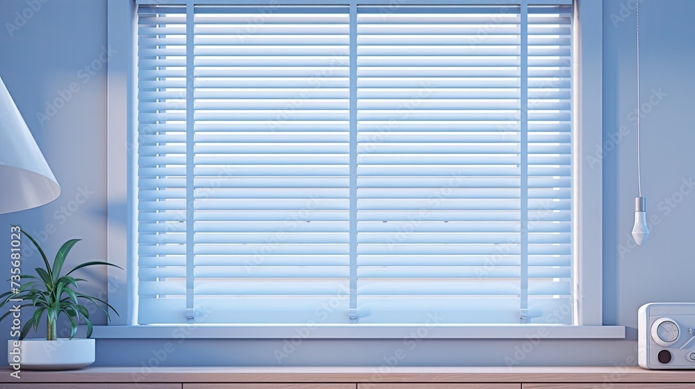 Poster voice controlled robotic window blinds with voice controlled slat adjustment, solid color background