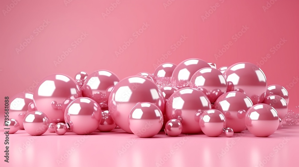 Poster 3d illustration. shiny balls with different size on pink color background. abstract background conce