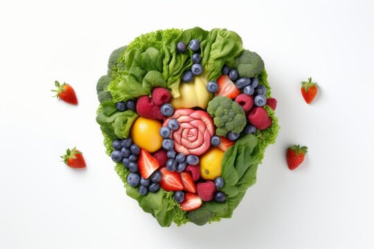 Plant-Based Healthy Eating: Human Brain Made of Fruits and Vegetables, High Fibre, Nutrition and Brain Health, Food and Cognition, Mood, Healthy Lifestyle Concept, On White Background