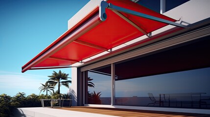 Remote controlled motorized awnings for outdoor shade control, solid color background - obrazy, fototapety, plakaty