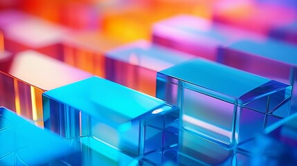 Abstract background with closeup shot of glossy crystal block with multicolored gradient reflection on blurred mirror surface