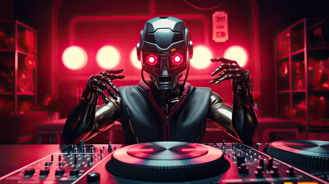 Voice activated robotic home DJs for personalized music playlists, solid color background