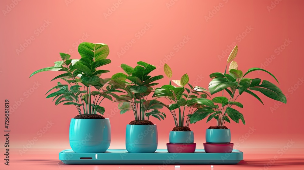 Poster smart garden planters with automated watering systems, solid color background
