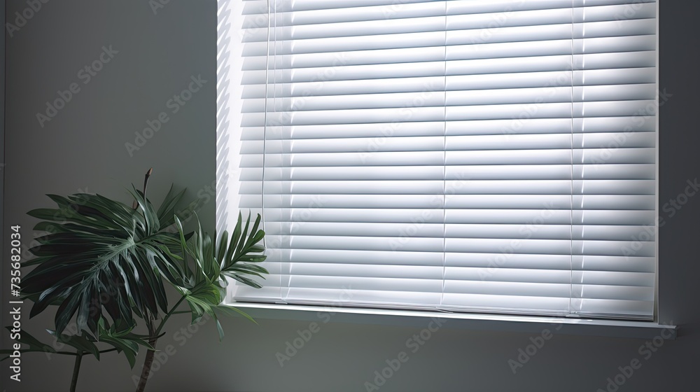Poster voice controlled robotic window blinds with voice controlled slat adjustment, solid color background