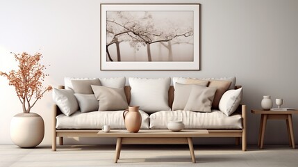 Fototapeta na wymiar Aesthetic composition of living room interior with mock up poster frame, modular sofa, wooden coffee table, vase with dried flowers, pillows, armchair and personal accessories. Home decor. Template.