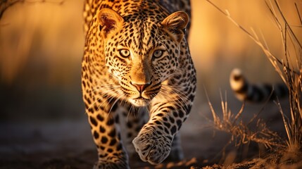 Africa wildlife. Guard leopard, Panthera pardus shortidgei, nature habitat, big wild cat in the nature habitat, sunny day on the savannah, Okavango delta Botswana. Wildlife nature