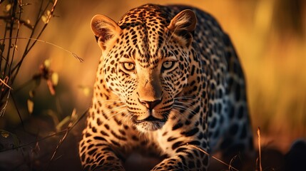 Africa wildlife. Guard leopard, Panthera pardus shortidgei, nature habitat, big wild cat in the nature habitat, sunny day on the savannah, Okavango delta Botswana. Wildlife nature